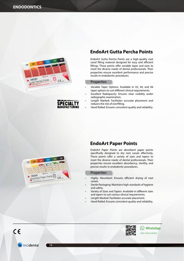 EndoArt Gutta Percha Points catalog page